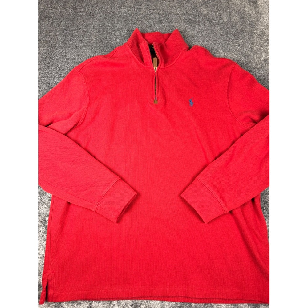 Polo Ralph Lauren Mens Red Quarter Zip Pullover Sweater Size Large Blue Pony